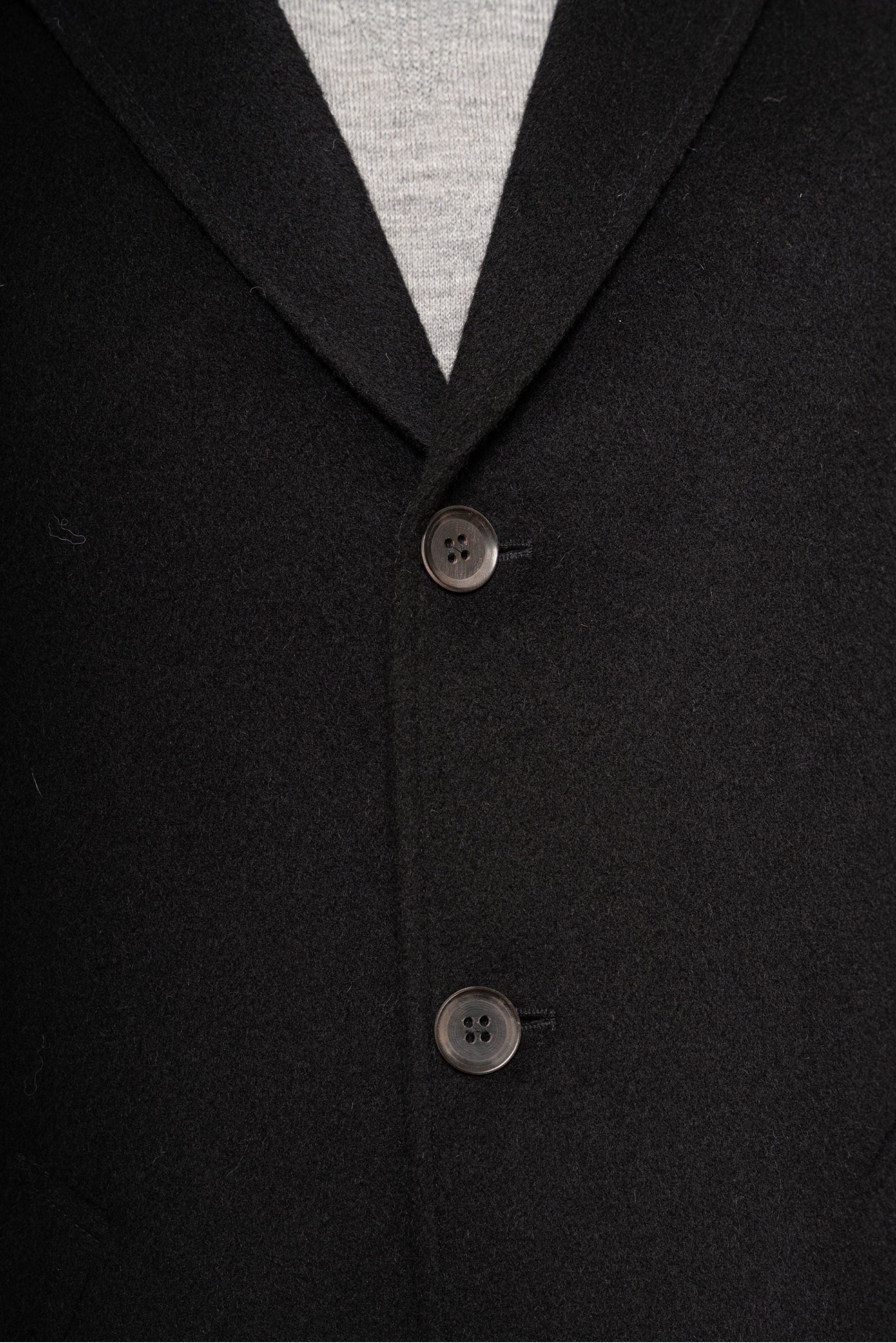 Close-up of a black coat with two buttons on a plain background